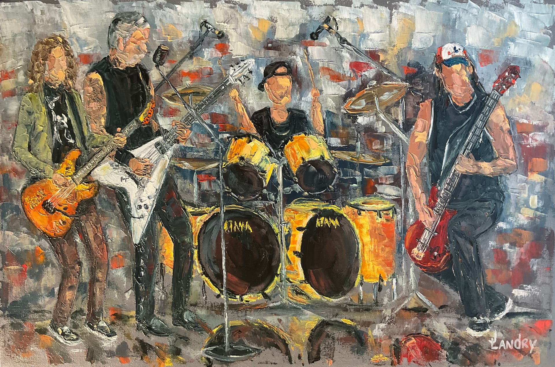 Quatre musiciens d'un groupe metal en concert devant un mur de briques, guitares orange et blanche, batterie jaune.