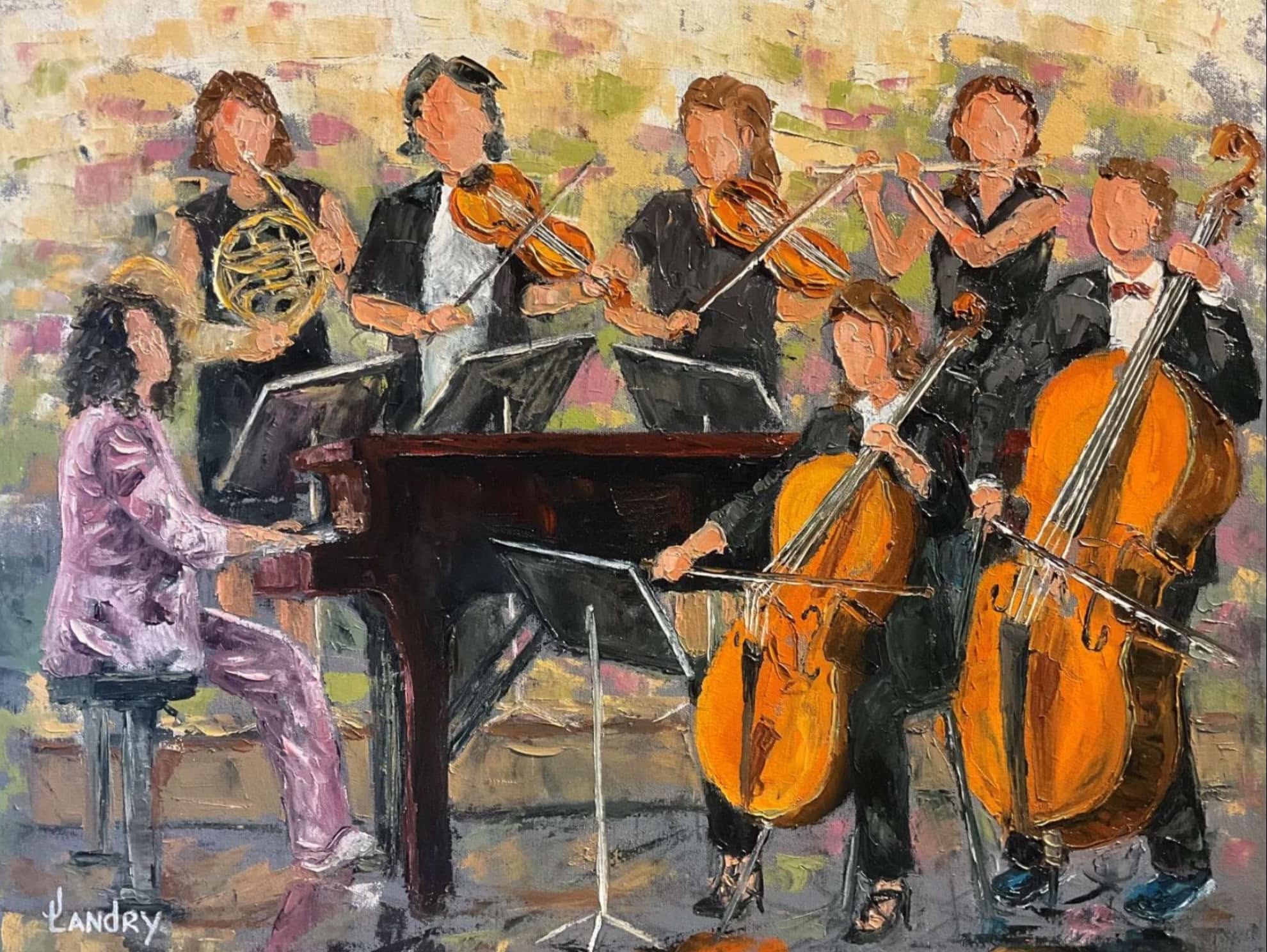 Une soirée toute en douceur — huile à la spatule, ensemble de musique de chambre avec pianiste, violonistes, violoncellistes et cuivres