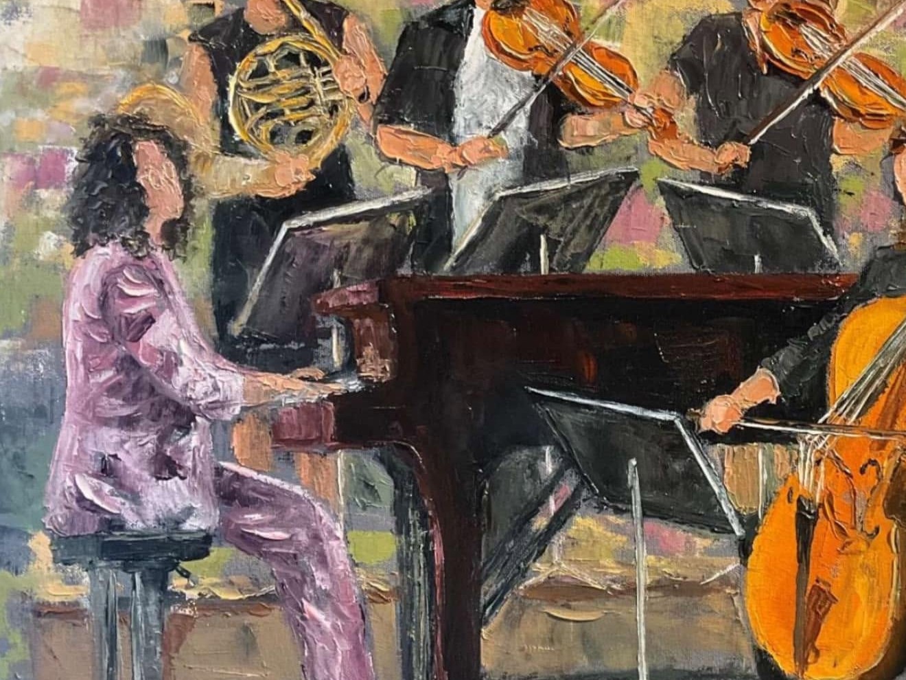 Zoom ×1,5 sur la pianiste à gauche — détail des coups de spatule et des couches d'huile